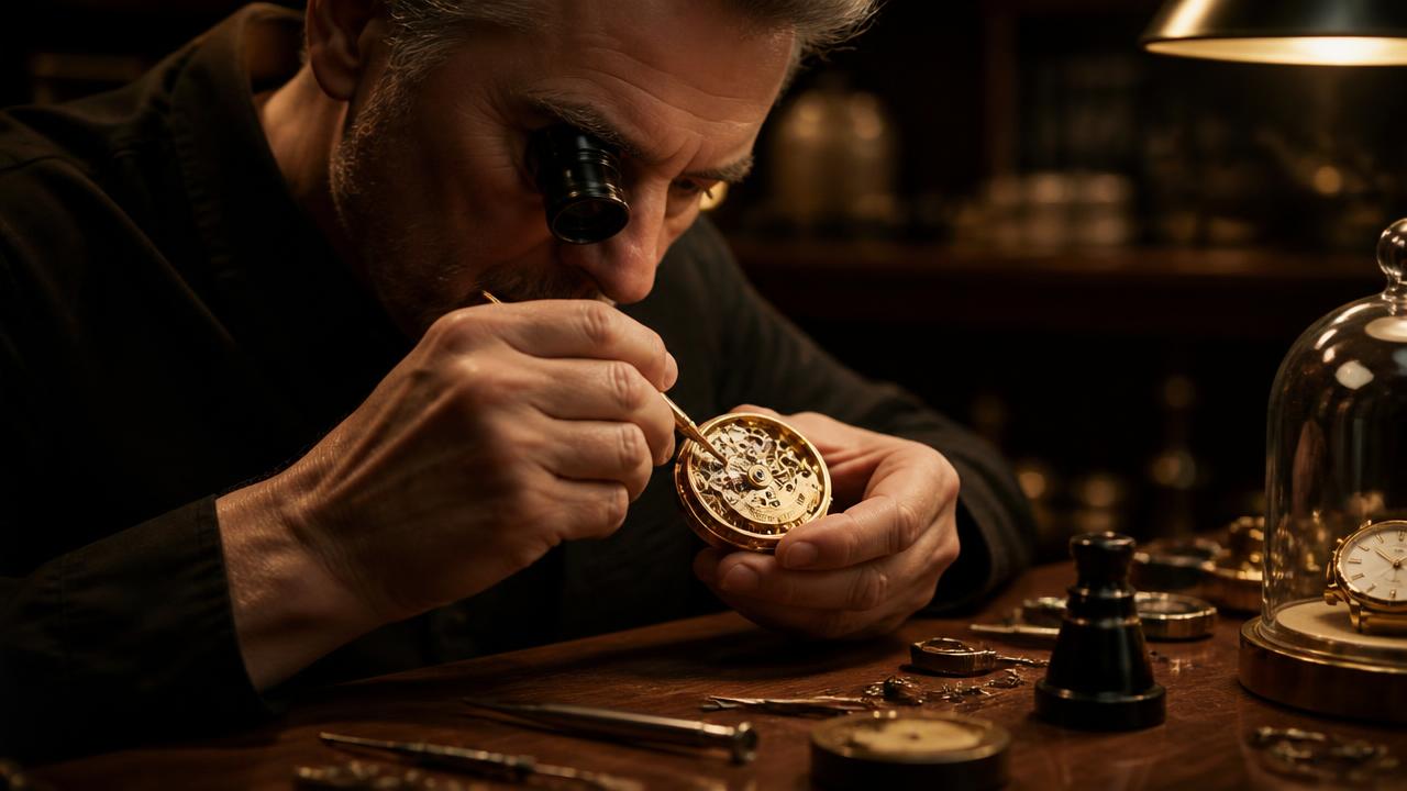 Watchmaker inspecting an automatic movement at The Time Crown